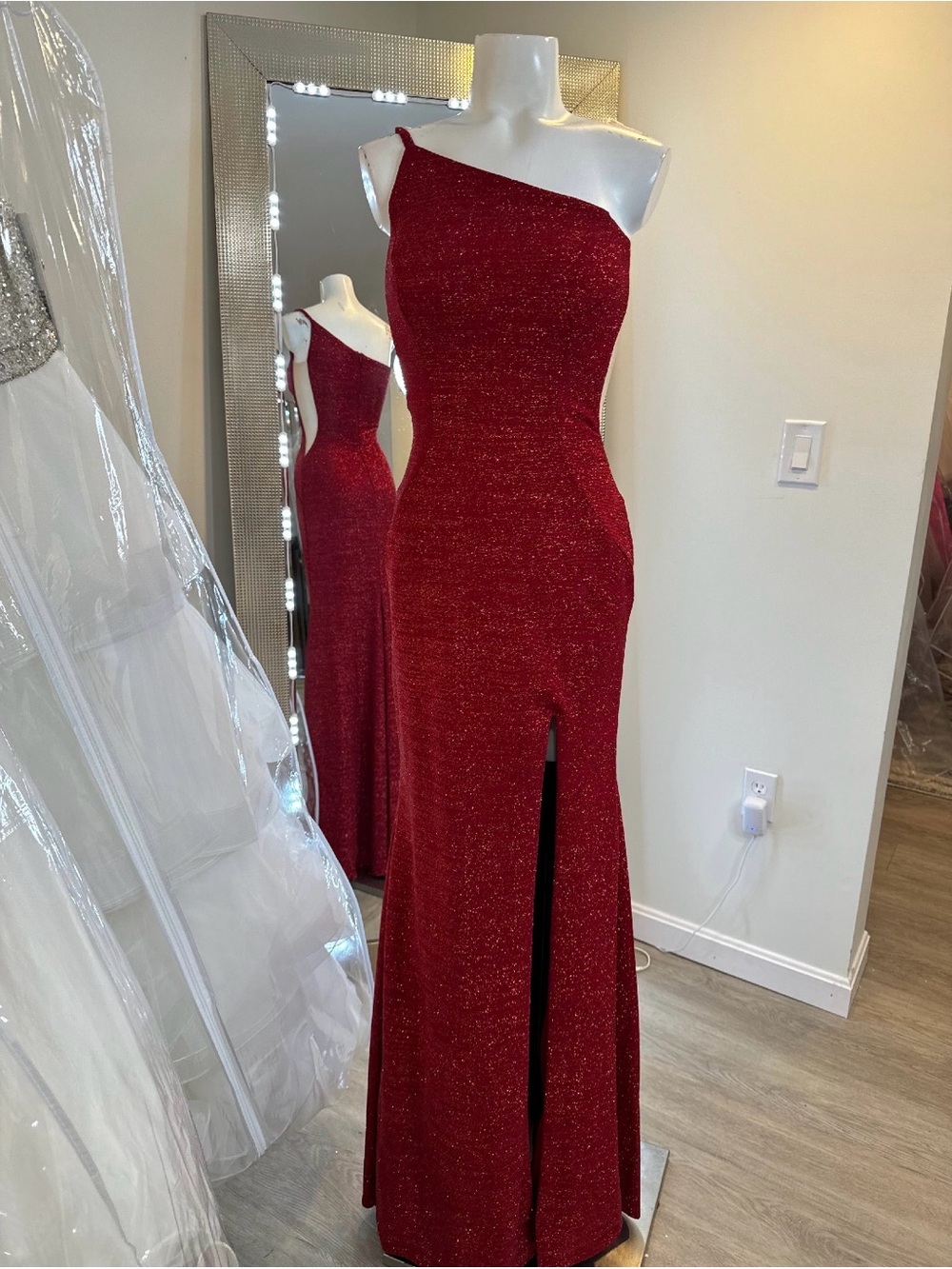 Jovani One-Shoulder Sparkling Red Gown